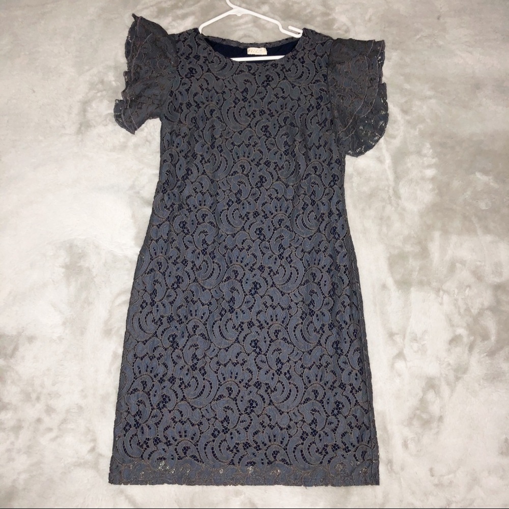 Grey/Blue Lace Dress Flutter Short Sleeve Midi